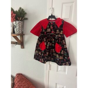 Vintage Girls Teddy Bear Library Corduroy Dress Red Heart Buttons Black 4/5